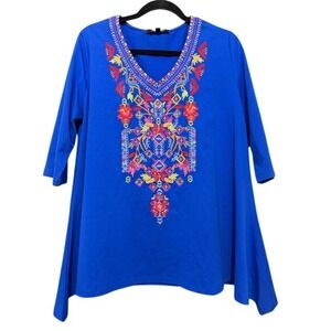 Caleaaa Royal Blue Embroidered V-Neck Tunic Top 3/4 Sleeve A-Line Boho Large